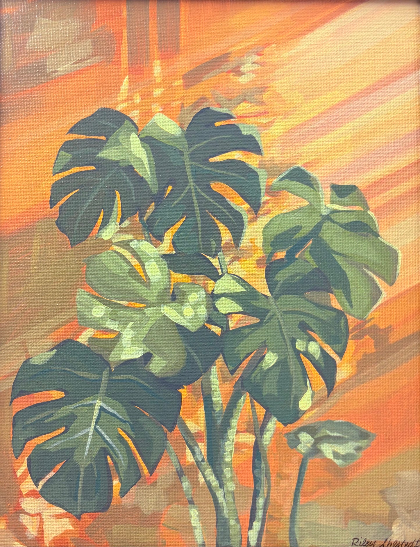 Tropical plant painting with a warm, abstract background